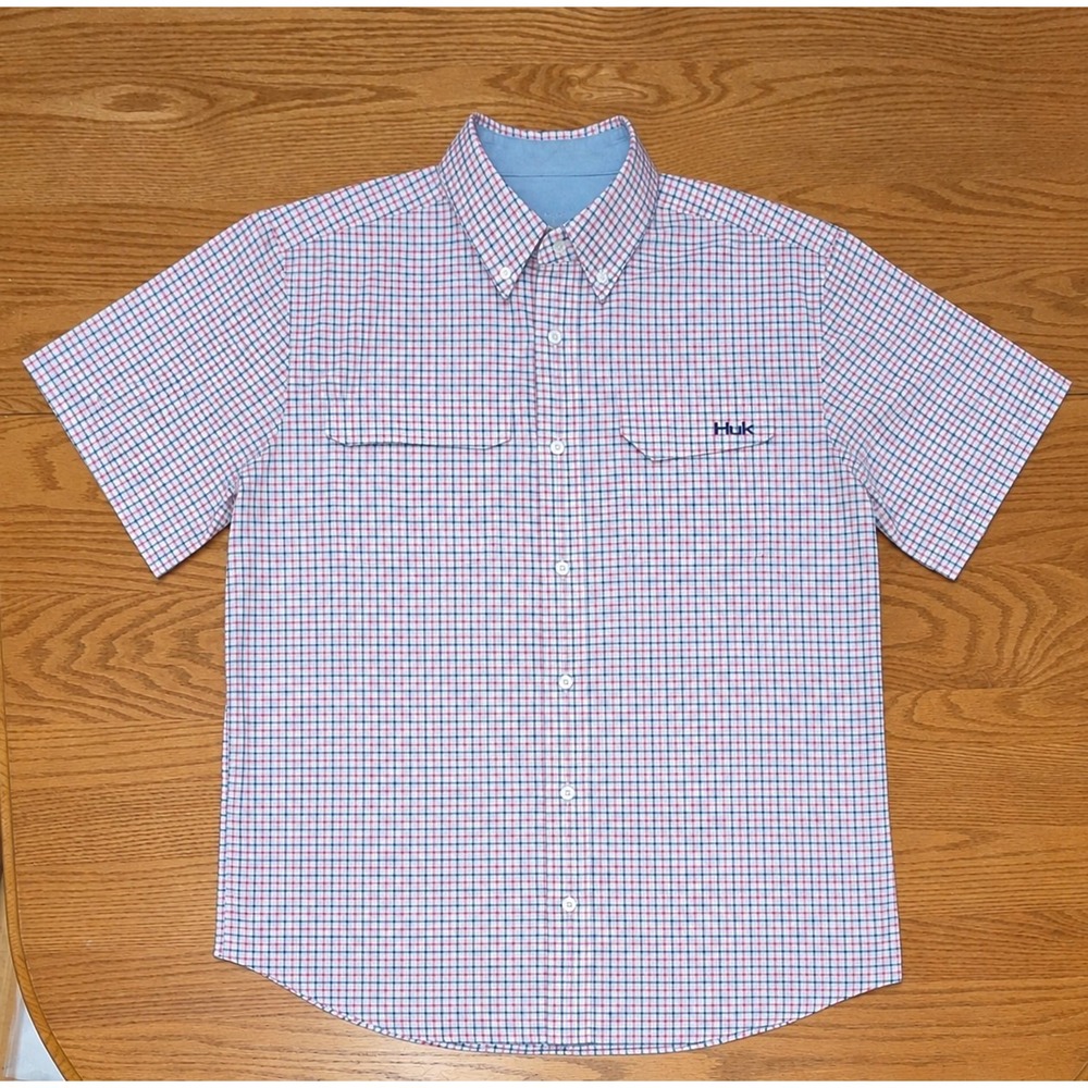 Huk Fishing Tide Point Shirt Men's Large Performance Plaid Short Sleeve Vented